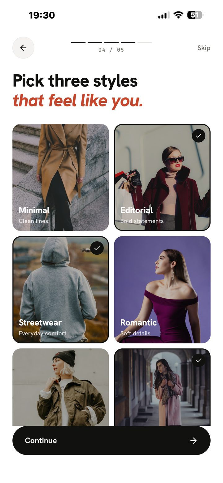 Onboarding screen “Pick three styles that feel like you” with Minimal, Editorial, Streetwear and Romantic style cards